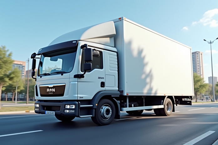 Camion blanc de 20m3 stationne en ville en plein jour