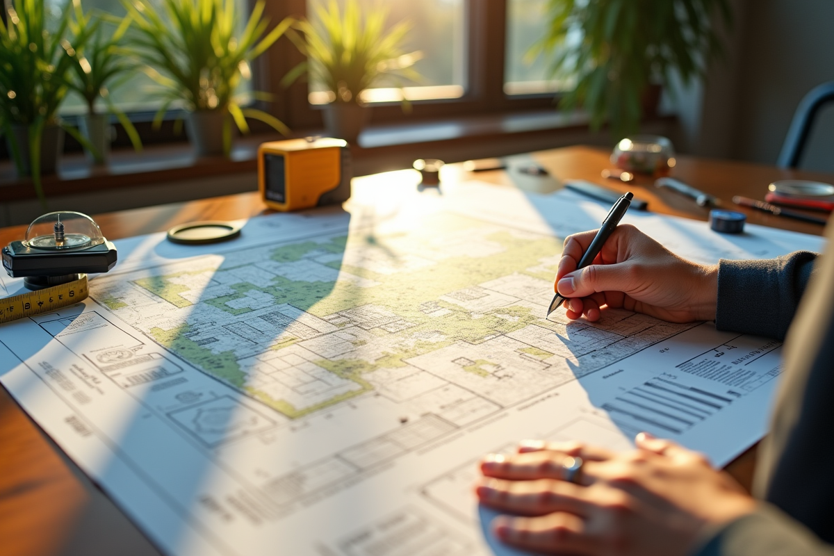 Plans et outils de levé sur une table ensoleillee avec plantes vertes