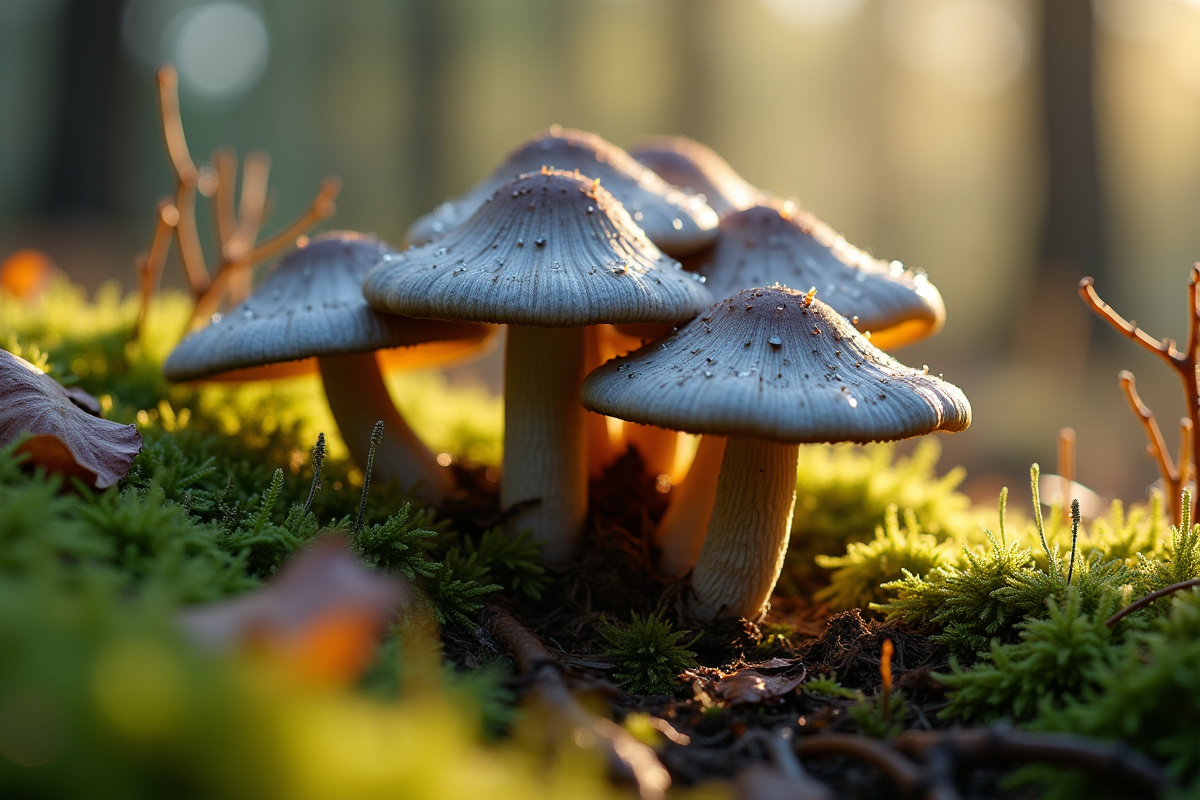 Groupe de chanterelles sur sol forestier humide au matin