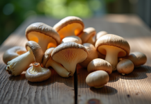 Champignons grey chanterelle sur table en bois claire