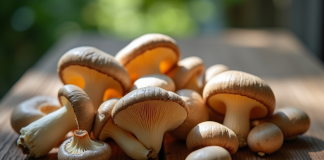 Champignons grey chanterelle sur table en bois claire