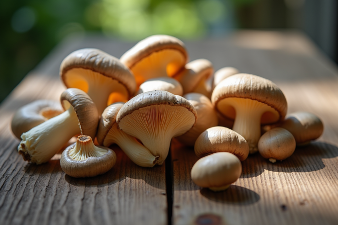 Champignons grey chanterelle sur table en bois claire