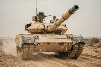 Char M1A1 Abrams en terrain désertique, vue grand angle au ras du sol mettant en valeur le canon de 120mm