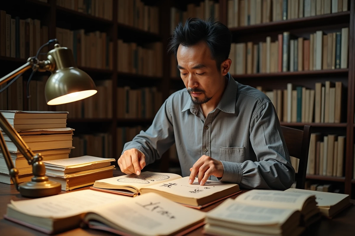 Chercheur japonais en bibliothèque universitaire étudiant l'étymologie du kanji de l'amour et le symbole de Gaara