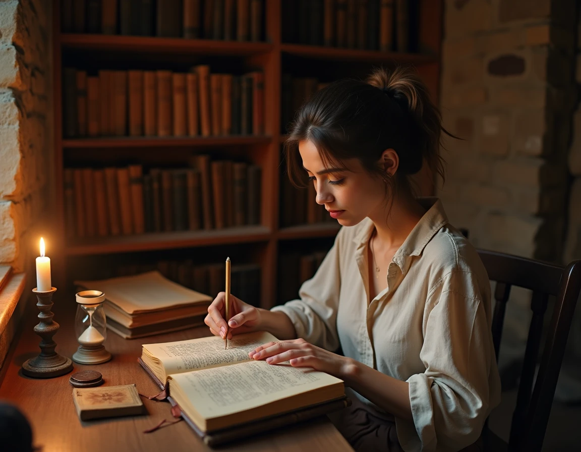 Femme lisant un journal d'exploration dans une bibliothèque en pierre, illustrant le contenu riche et la durée de vie de Clair Obscur Expedition 33