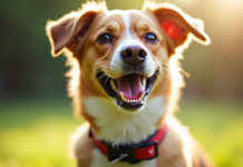Chienne joyeuse avec collier et nom V en extérieur