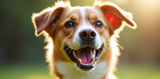 Chienne joyeuse avec collier et nom V en extérieur