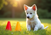 Chiot berger belge blanc jouant dans l'herbe avec un enfant