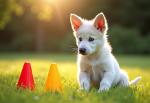 Chiot berger belge blanc jouant dans l'herbe avec un enfant