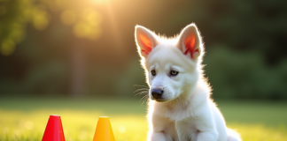 Chiot berger belge blanc jouant dans l'herbe avec un enfant