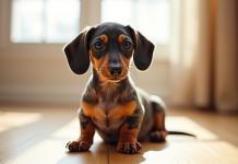 Miniature dapple dachshund chiot assis sur un sol en bois lumineux