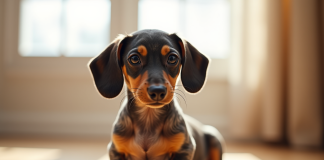 Miniature dapple dachshund chiot assis sur un sol en bois lumineux