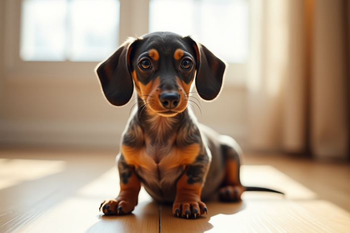 Miniature dapple dachshund chiot assis sur un sol en bois lumineux