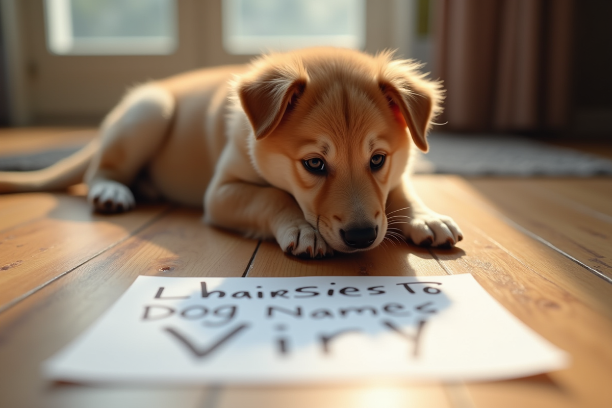 Chiot détendue sur le sol avec liste de noms V en intérieur
