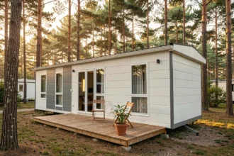 Mobil-home moderne installé dans un camping entouré de pins avec terrasse en bois et chaises de jardin
