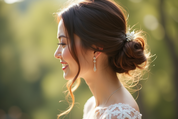 Coiffure de mariée élégante en lumière naturelle