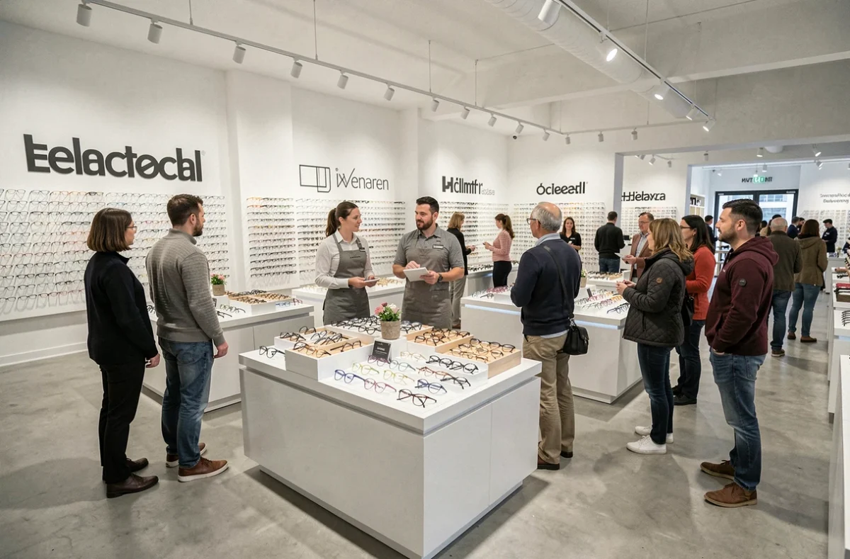 Intérieur moderne du Collectif des Lunetiers en Vendée avec des opticiens conseillant des clients sur un large choix de montures