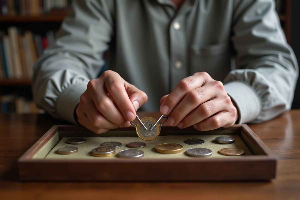 Collectionneur tenant une pièce commémorative 2 euros JO 2026 avec pince numismatique sur plateau de velours