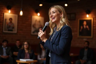 Comedienne blonde souriante sur scène dans un comedy club