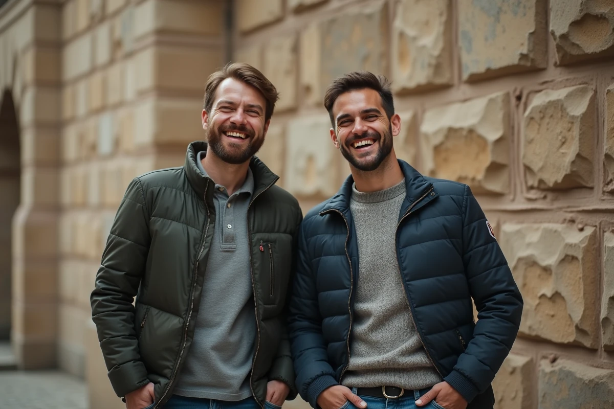 Deux hommes de tailles différentes debout près d'un mur de forteresse en pierre comparant leur stature