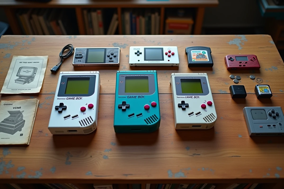Vue à plat de plusieurs consoles rétro pas chères comparées sur un bureau en bois avec accessoires vintage