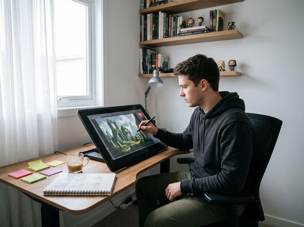 Jeune homme travaillant sur une tablette graphique dans un studio minimaliste pour créer du concept art numérique de fantasy