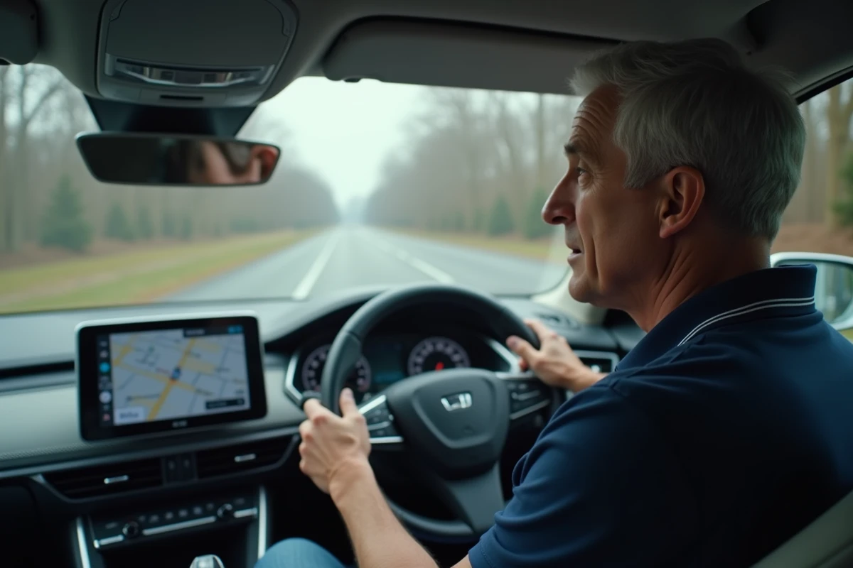 Conducteur consulte un système GPS intégré au tableau de bord de sa voiture sur une route suburbaine