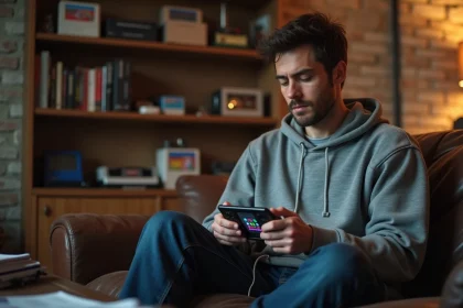 Homme tenant une console portable rétro pas chère sur un canapé en cuir, atmosphère gaming nostalgique