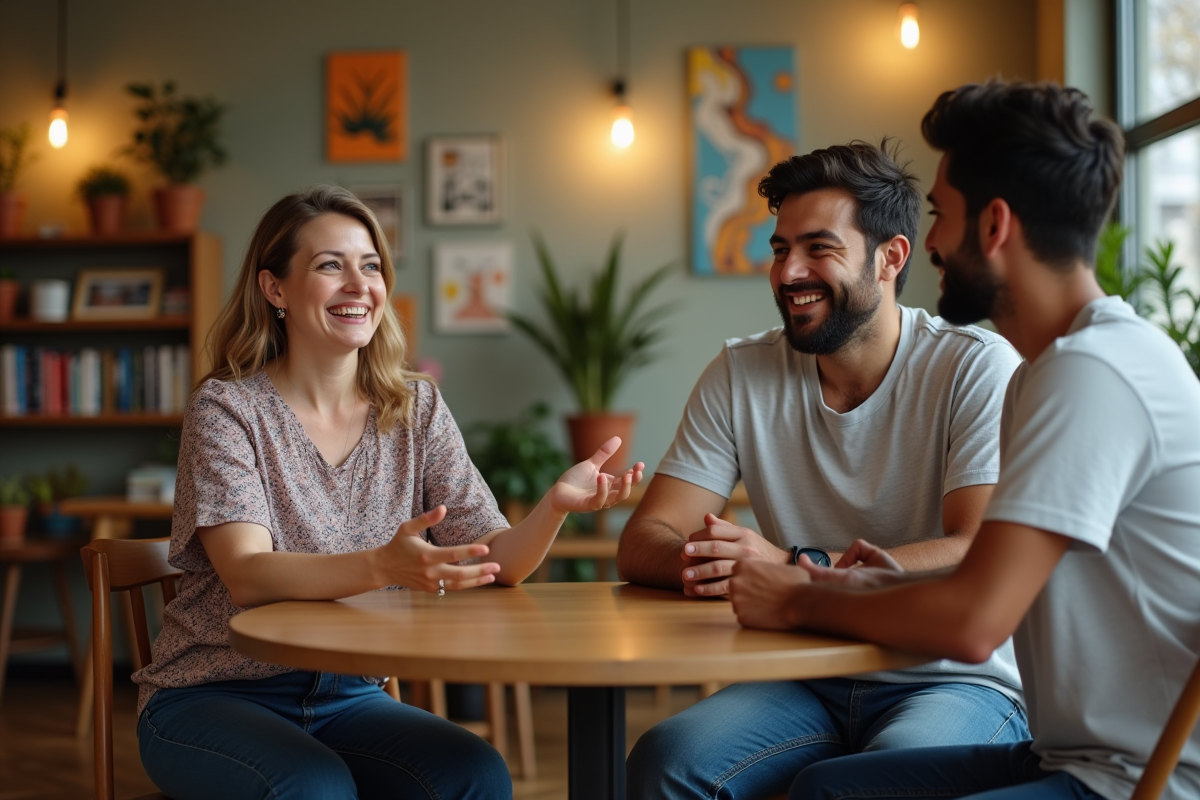 Femme d age moyen et jeune homme discutant dans un centre communautaire