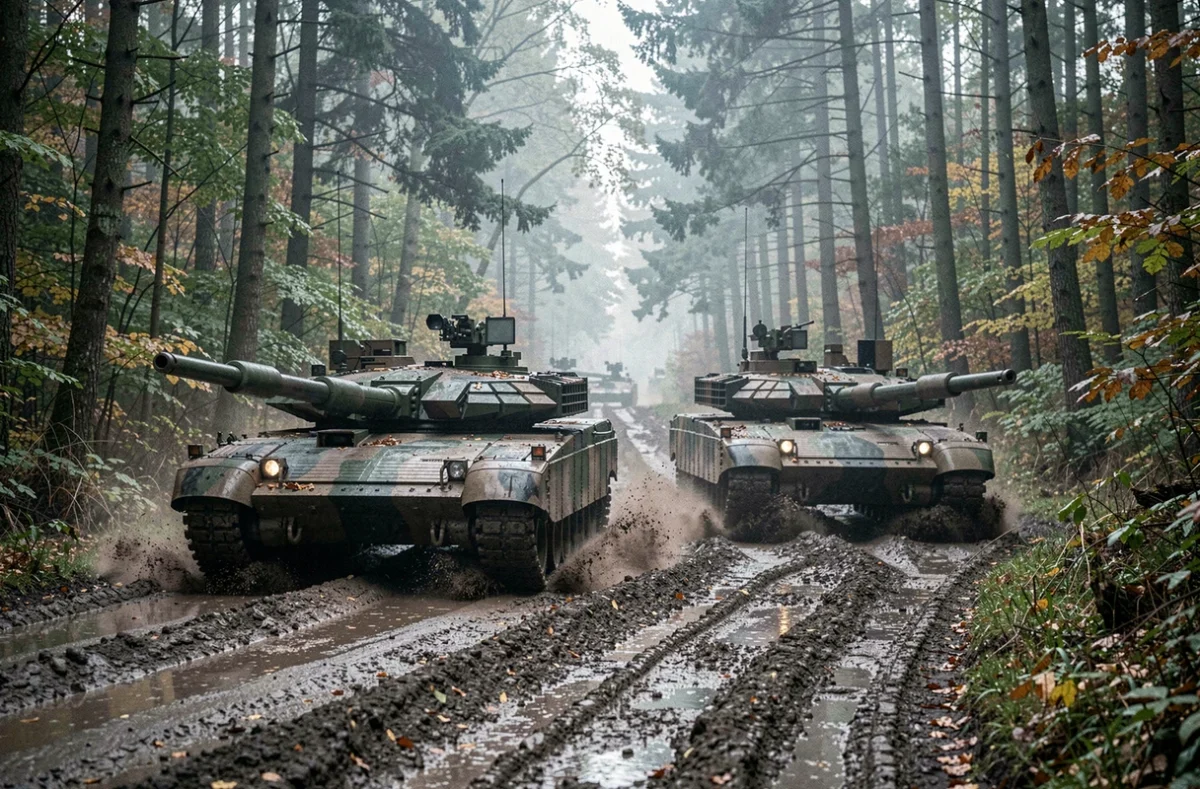 Deux chars M1A1 Abrams en convoi sur une route forestière boueuse lors d'un exercice tactique en Europe
