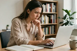 Femme concentrée devant son ordinateur portable corrigeant une faute d'orthographe courante en français
