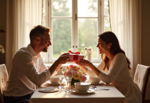 Couple heureux échangeant des cadeaux d anniversaire à la maison