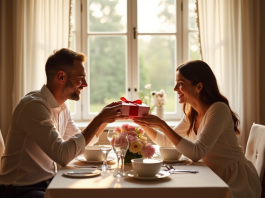 Fêtes et cadeaux : comment marquer le succès de votre premier anniversaire de mariage ? Couple heureux échangeant des cadeaux d anniversaire à la maison
