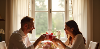 Couple heureux échangeant des cadeaux d anniversaire à la maison