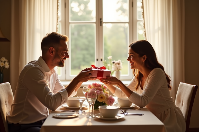 Couple heureux échangeant des cadeaux d anniversaire à la maison