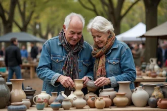Couple examine des céramiques vintage au marché aux puces