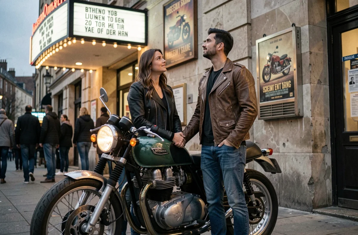 Couple devant un cinéma indépendant avec une moto café racer et une affiche de film moto