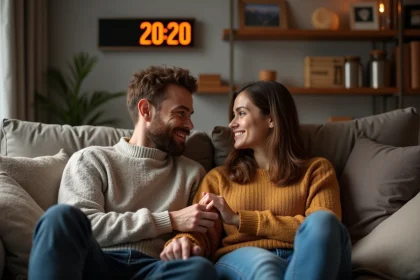 Couple assis sur un canapé en soirée regardant une horloge