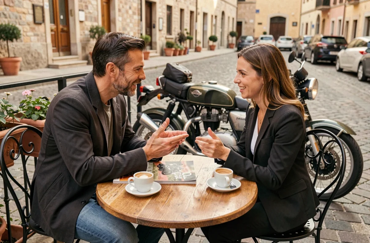 Couple discutant de films de moto autour d'un café en terrasse avec une moto garée en arrière-plan