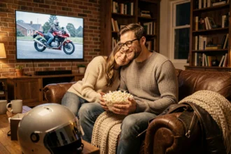 Couple regardant un film de moto ensemble sur le canapé avec un casque de moto en premier plan