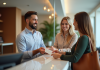 Couple souriant à la réception de l'hôtel échangeant des bons de vacances