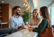 Couple souriant à la réception de l'hôtel échangeant des bons de vacances