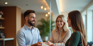 Couple souriant à la réception de l'hôtel échangeant des bons de vacances