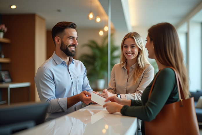 Couple souriant à la réception de l'hôtel échangeant des bons de vacances