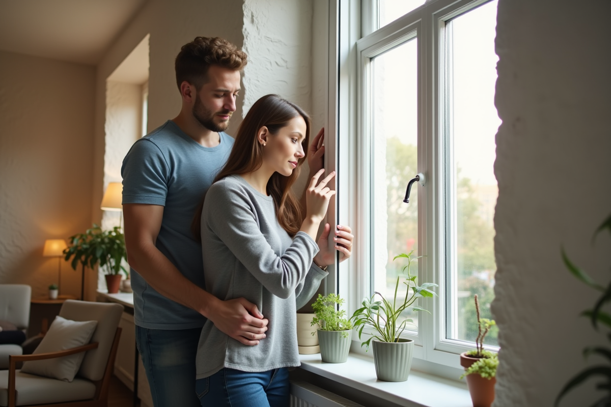 Jeune couple installant une isolation de fenetre dans le salon