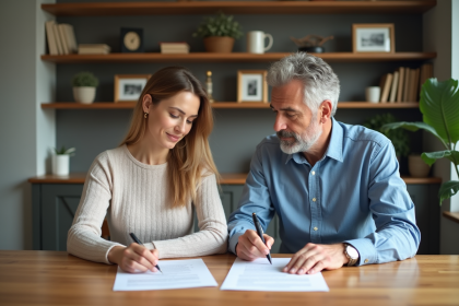 Couple d'adultes signant des documents dans un salon lumineux
