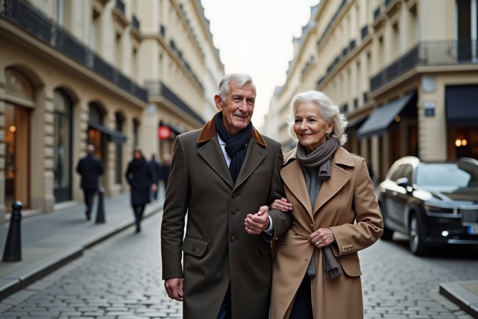 couple-ville-historique-paris Vieux couple élégant se promenant dans une rue parisienne
