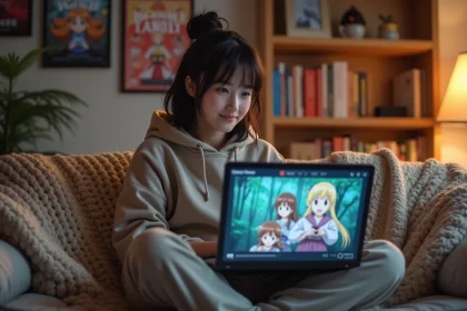Jeune femme créant un compte sur une plateforme de streaming anime depuis son canapé avec un laptop