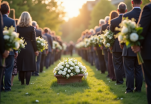 Cérémonie funéraire en plein air avec fleurs blanches