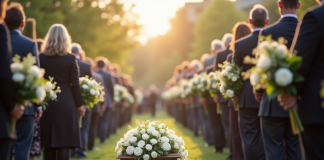 Cérémonie funéraire en plein air avec fleurs blanches